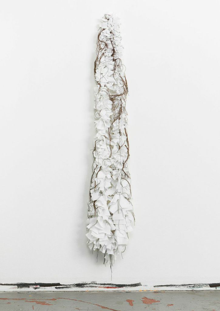 Amy Tavern, Silently (I Saw a Robin Today), 2014, The lining of the artist’s mother’s wedding dress, cotton string, sterling silver, spray paint, 2.4m x 22.86cm x 10.16cm